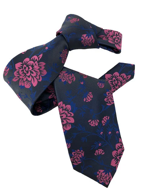 stylish necktie sets for weddings-DMITRY 7-Fold Navy/Magenta Floral Italian Silk Tie