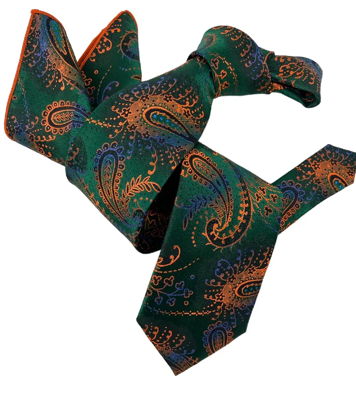 elegant wedding necktie designs for men-DMITRY 7-Fold Men's Green/Orange Patterned Italian Silk Tie & Pocket Square Set