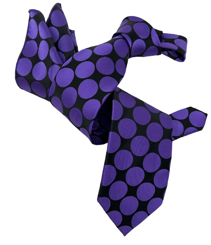 fashionable silk necktie sets for business wear-DMITRY 7-Fold Men's Purple/Black Polka Dot Italian Silk Tie & Pocket Square Set