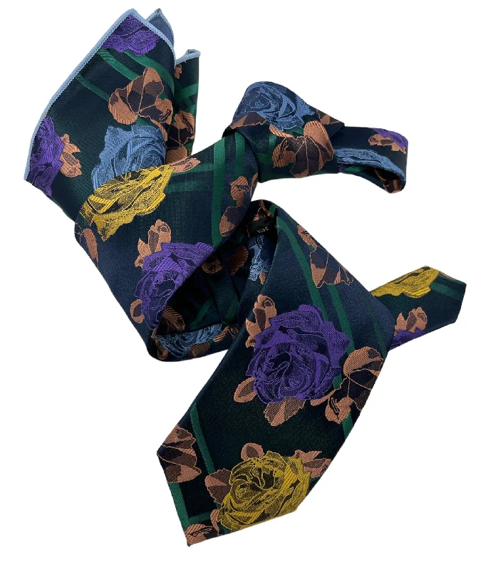 luxurious silk necktie designs for men-DMITRY 7-Fold Men's Green Patterned Italian Silk Tie & Pocket Square Set