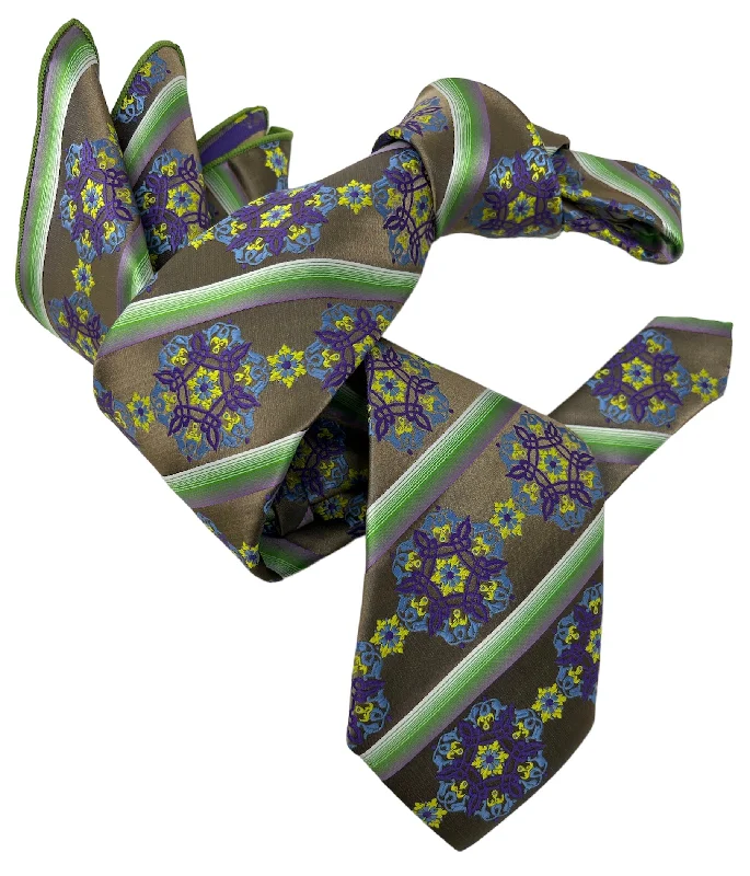 unique necktie designs for office wear-DMITRY 7-Fold Men's Taupe Patterned Italian Silk Tie & Pocket Square Set