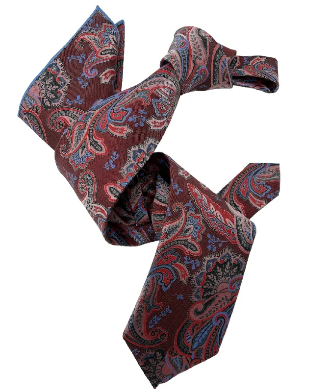 stylish silk ties for formal business events-DMITRY 7-Fold Men's Scarlet Red Patterned Italian Silk Tie & Pocket Square Set