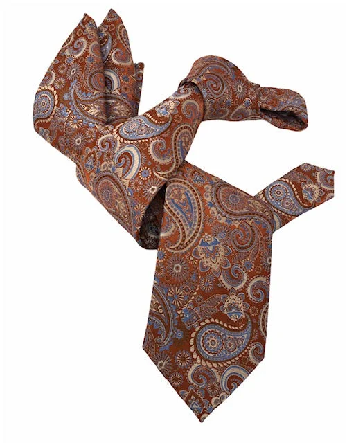 designer silk bow ties for weddings-DMITRY 7-Fold Men's Orange Patterned Italian Silk Tie & Pocket Square Set