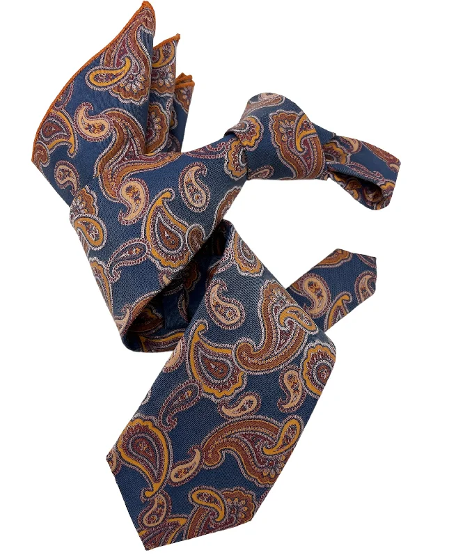 silk necktie ideas for corporate events-DMITRY 7-Fold Men's Denim Blue Patterned Italian Silk Tie & Pocket Square Set