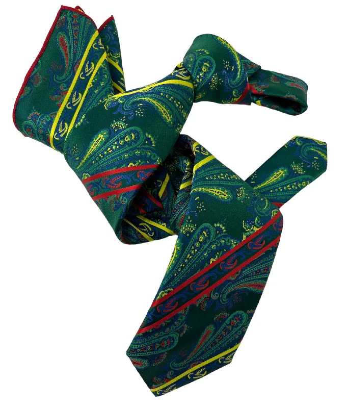 high-quality silk necktie designs for weddings-DMITRY 7-Fold Men's Green Patterned Italian Silk Tie & Pocket Square Set