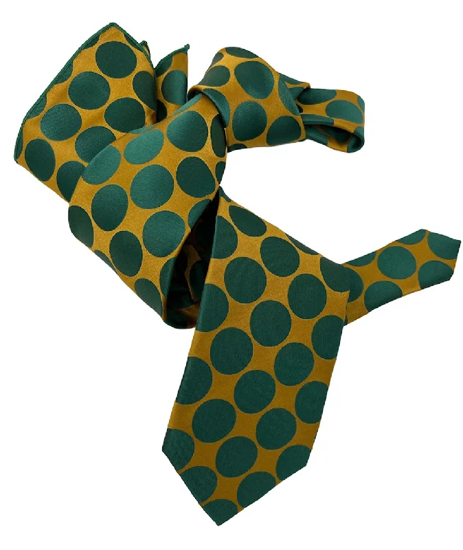 elegant silk necktie packs for office wear-DMITRY 7-Fold Men's Green/Gold Polka Dot Italian Silk Tie & Pocket Square Set