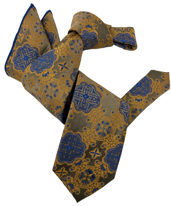 stylish wedding necktie ideas for men-DMITRY 7-Fold Men's Rust/Blue Patterned Italian Silk Tie & Pocket Square Set