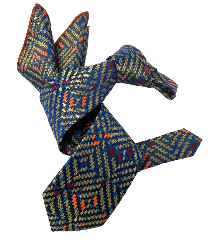 unique silk necktie styles for weddings-DMITRY 7-Fold Men's Blue Patterned Italian Silk Tie & Pocket Square Set