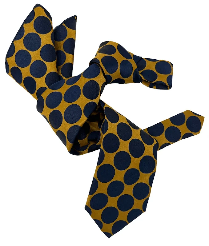 high-end silk necktie designs for weddings-DMITRY 7-Fold Men's Navy/Gold Polka Dot Italian Silk Tie & Pocket Square Set