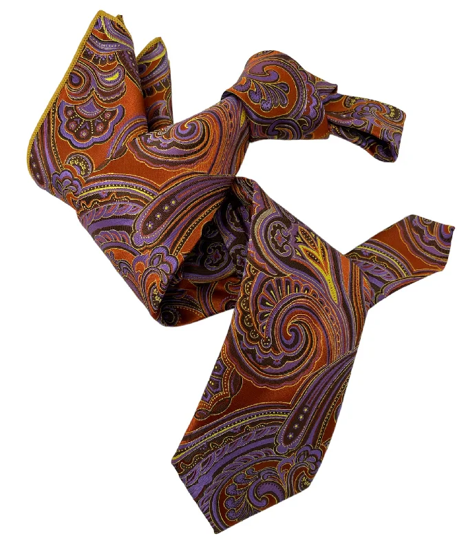 business necktie designs for wedding parties-DMITRY 7-Fold Men's Orange Patterned Italian Silk Tie & Pocket Square Set