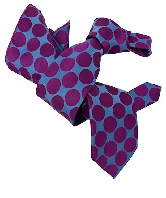 premium silk wedding necktie sets for men-DMITRY 7-Fold Men's Magenta/Blue Polka Dot Italian Silk Tie & Pocket Square Set