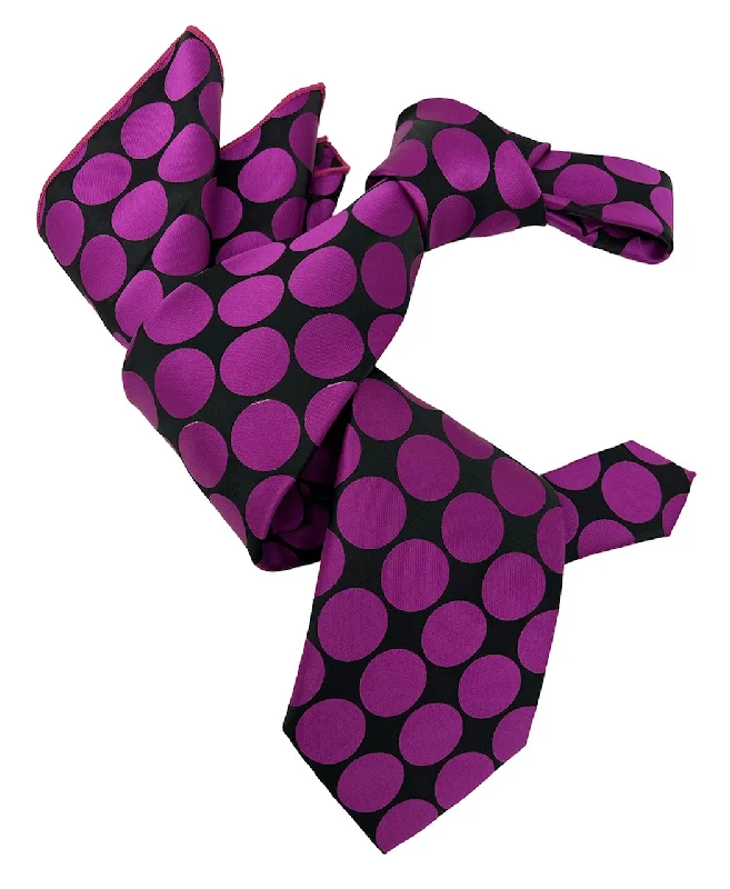 premium silk wedding necktie packs-DMITRY 7-Fold Men's Fuchsia/Black Polka Dot Italian Silk Tie & Pocket Square Set