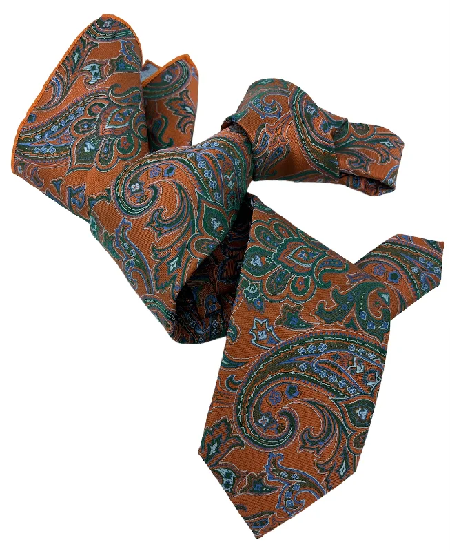 affordable necktie designs for weddings-DMITRY 7-Fold Men's Orange Patterned Italian Silk Tie & Pocket Square Set