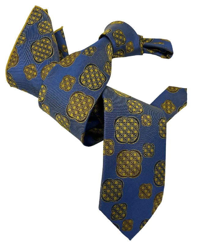 premium office silk necktie ideas for business wear-DMITRY 7-Fold Men's Blue Patterned Italian Silk Tie & Pocket Square Set