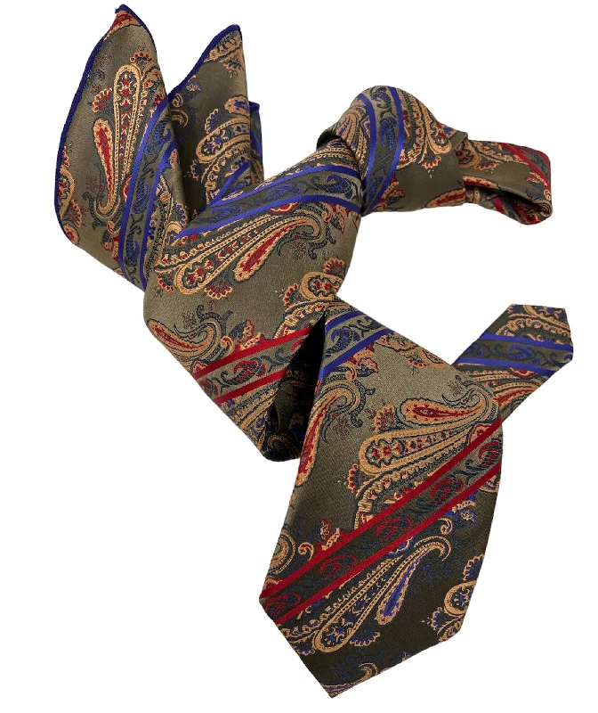 silk necktie options for office meetings-DMITRY 7-Fold Men's Taupe Patterned Italian Silk Tie & Pocket Square Set