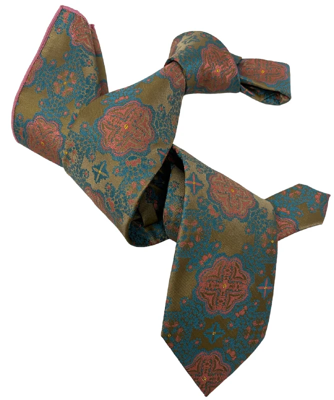 silk necktie ideas for professional events-DMITRY 7-Fold Men's Taupe Patterned Italian Silk Tie & Pocket Square Set