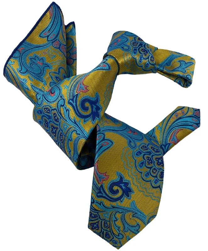 affordable silk necktie options for business wear-DMITRY 7-Fold Men's Gold/Teal Patterned Italian Silk Tie & Pocket Square Set