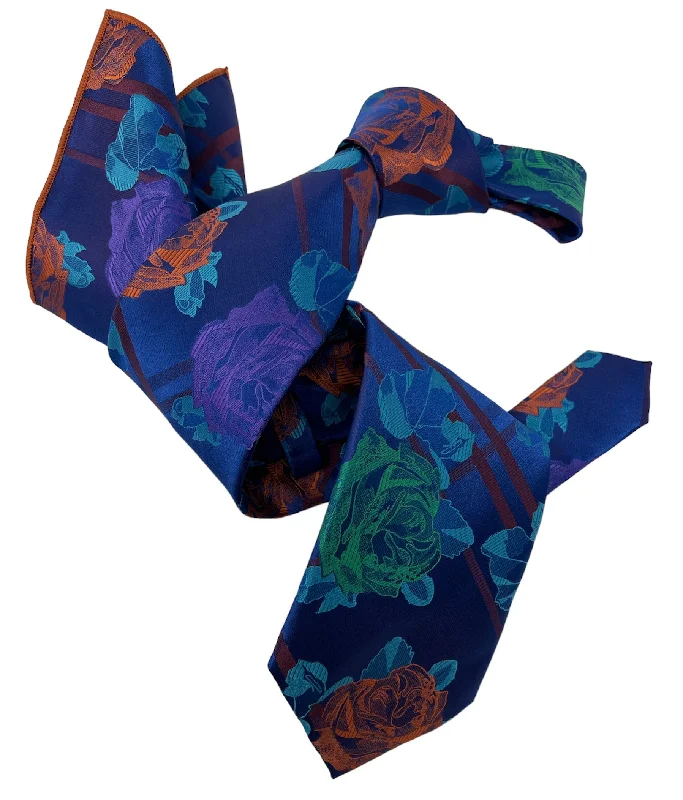 luxurious wedding necktie ideas for men-DMITRY 7-Fold Men's Blue/Purple Patterned Italian Silk Tie & Pocket Square Set