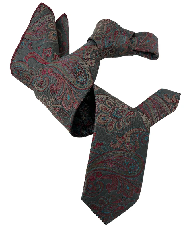 luxury silk bow ties for business wear-DMITRY 7-Fold Men's Khaki Patterned Italian Silk Tie & Pocket Square Set