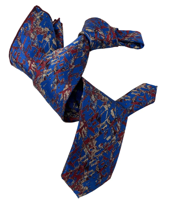 unique wedding necktie patterns for men-DMITRY 7-Fold Men's Blue Patterned Italian Silk Tie & Pocket Square Set