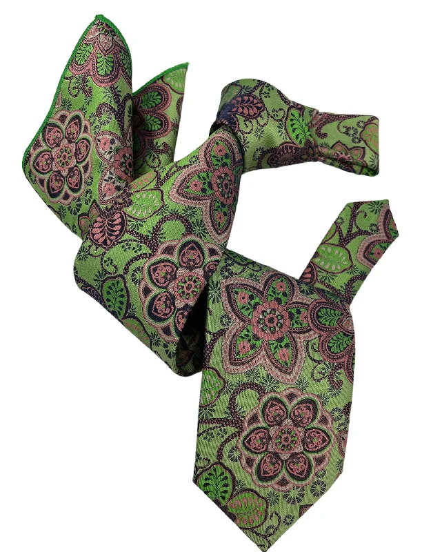 trendy business silk bow tie sets-DMITRY 7-Fold Men's Green Patterned Italian Silk Tie & Pocket Square Set