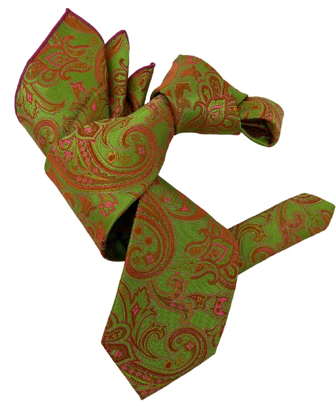 premium business silk bow ties-DMITRY 7-Fold Men's Green Patterned Italian Silk Tie & Pocket Square Set