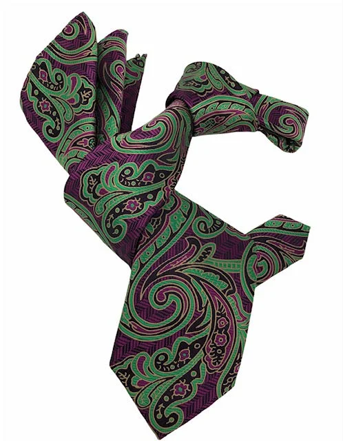 affordable wedding necktie colors for men-DMITRY 7-Fold Men's Magenta/Green Patterned Italian Silk Tie & Pocket Square Set