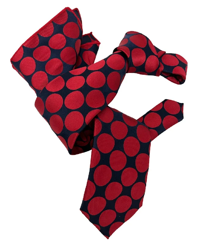 trendy wedding necktie colors for men-DMITRY 7-Fold Men's Red/Navy Polka Dot Italian Silk Tie & Pocket Square Set