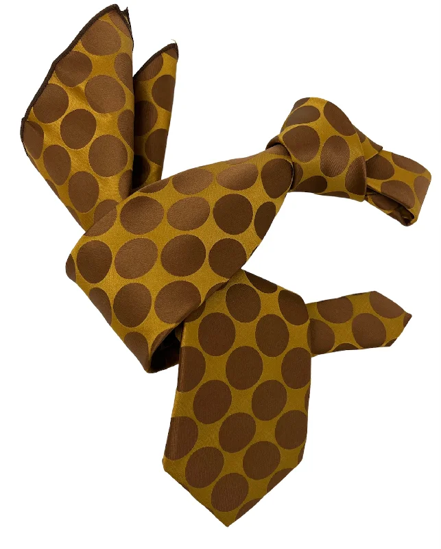 luxury silk necktie options for wedding parties-DMITRY 7-Fold Men's Brown Polka Dot Patterned Italian Silk Tie & Pocket Square Set