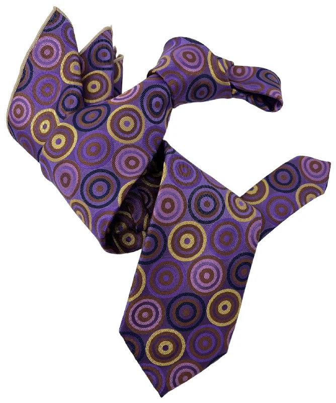 vibrant silk necktie sets for office wear-DMITRY 7-Fold Men's Purple Patterned Italian Silk Tie & Pocket Square Set