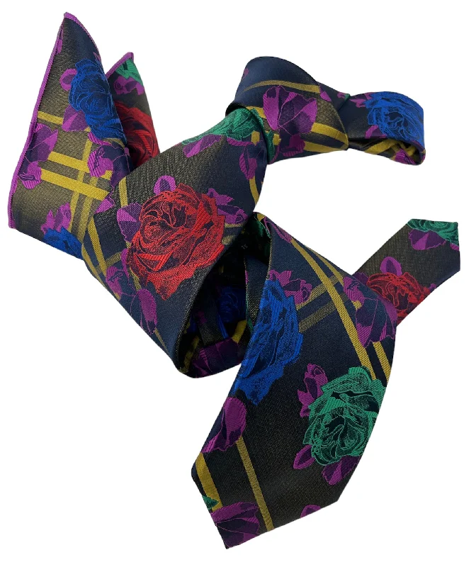 designer silk necktie sets for weddings-DMITRY 7-Fold Men's Multi Colored Italian Silk Tie & Pocket Square Set