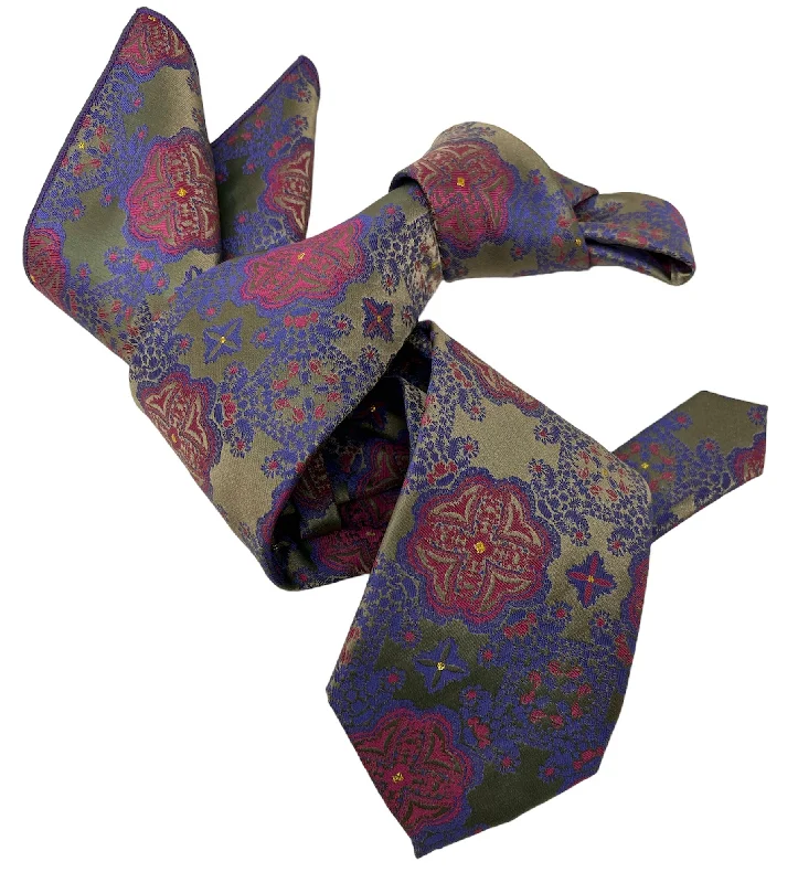 silk necktie combinations for wedding parties-DMITRY 7-Fold Men's Taupe Patterned Italian Silk Tie & Pocket Square Set