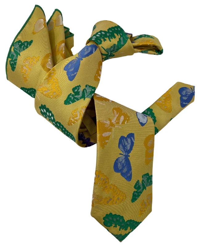 trendy silk necktie designs for weddings-DMITRY 7-Fold Men's Yellow Patterned Italian Silk Tie & Pocket Square Set