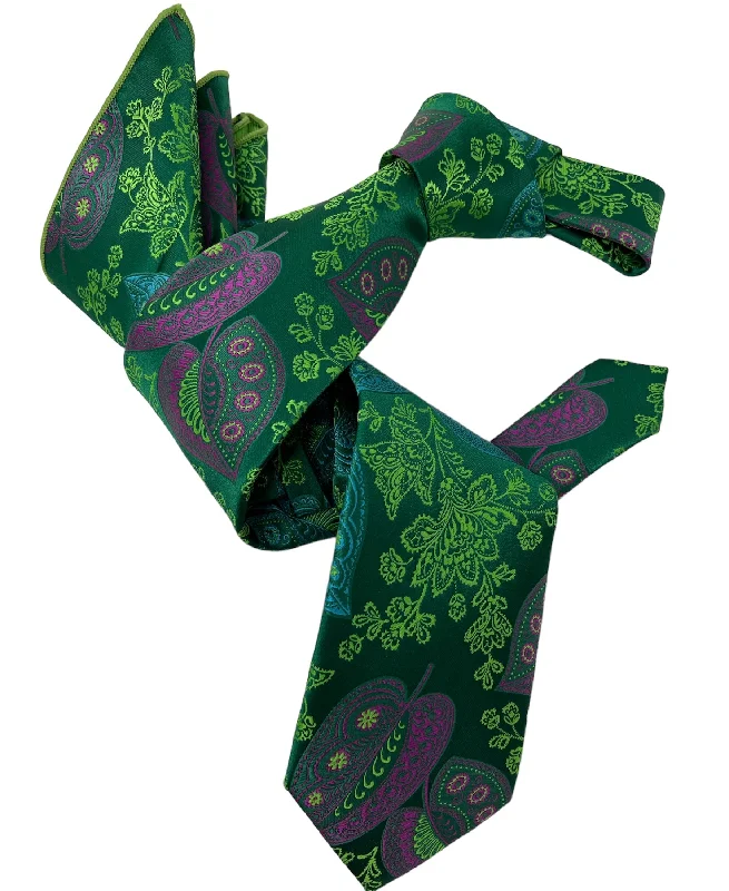 modern wedding necktie sets for men-DMITRY 7-Fold Men's Green Patterned Italian Silk Tie & Pocket Square Set