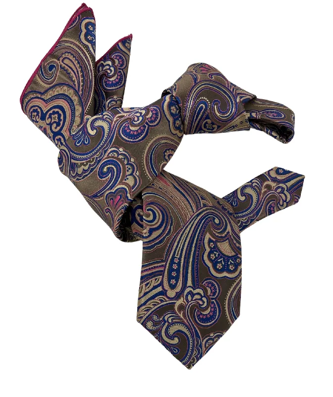 affordable silk wedding necktie packs-DMITRY 7-Fold Men's Taupe Patterned Italian Silk Tie & Pocket Square Set