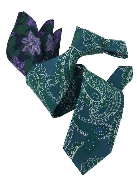 premium business silk tie sets-DMITRY 7-Fold Men's Green Paisley Italian Silk Tie & Pocket Square Set