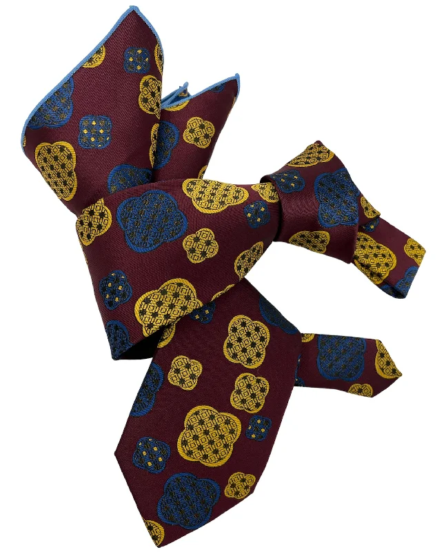 modern silk necktie ideas for weddings-DMITRY 7-Fold Men's Burgundy Patterned Italian Silk Tie & Pocket Square Set