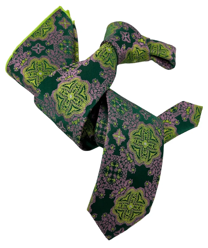 trendy office silk necktie combinations-DMITRY 7-Fold Men's Green Patterned Italian Silk Tie & Pocket Square Set