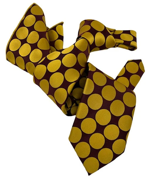 affordable silk wedding necktie packs-DMITRY 7-Fold Men's Gold/Burgundy Polka Dot Patterned Italian Silk Tie & Pocket Square Set