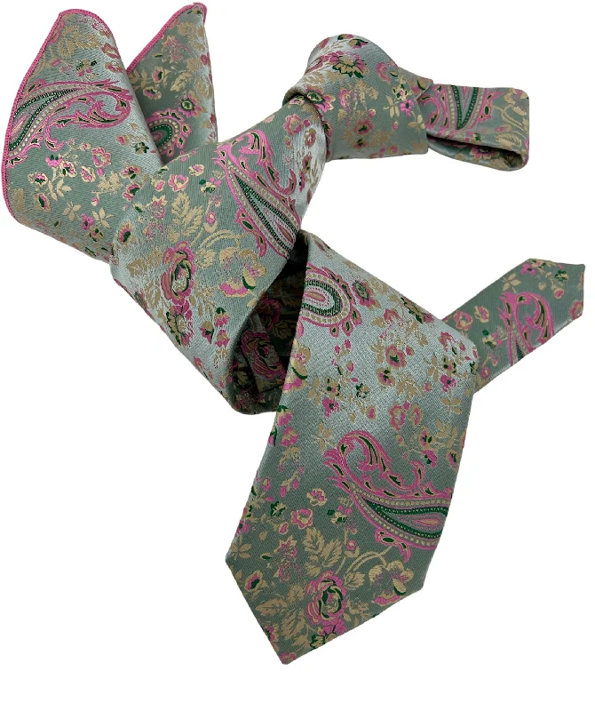 unique silk necktie colors for men-DMITRY 7-Fold Men's Teal/Pink Patterned Italian Silk Tie & Pocket Square Set