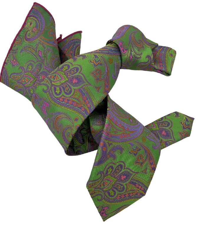 high-end silk necktie designs for weddings-DMITRY 7-Fold Men's Green Patterned Italian Silk Tie & Pocket Square Set