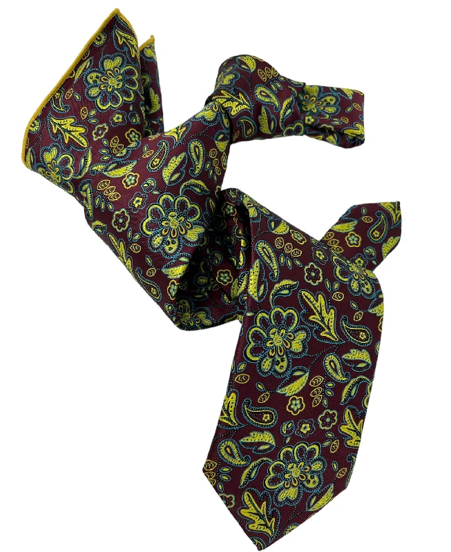 affordable business silk necktie options-DMITRY 7-Fold Men's Burgundy Patterned Italian Silk Tie & Pocket Square Set