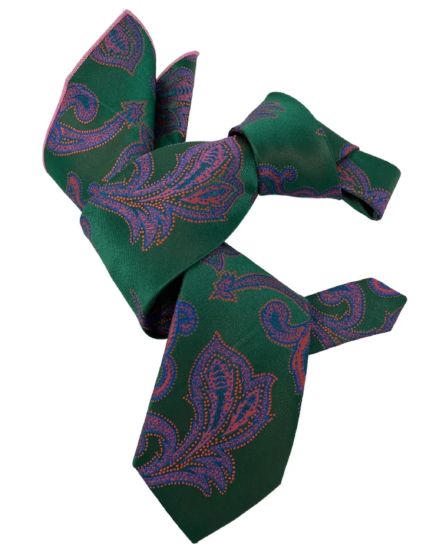 luxurious necktie options for wedding celebrations-DMITRY 7-Fold Men's Green Patterned Italian Silk Tie & Pocket Square Set