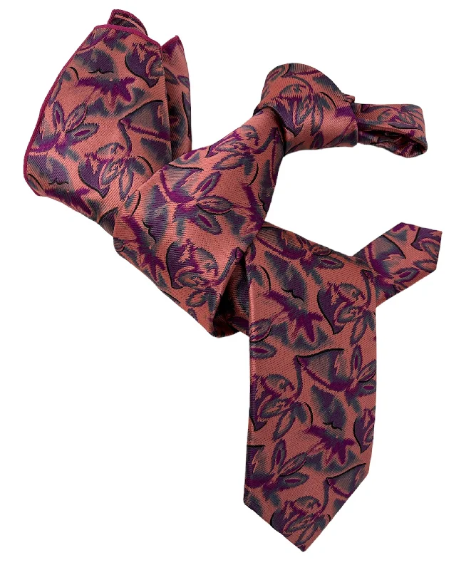 luxury silk bow ties for business wear-DMITRY 7-Fold Men's Coral/Pink Patterned Italian Silk Tie & Pocket Square Set