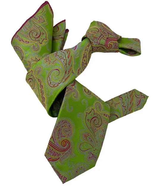 trendy silk necktie ideas for business wear-DMITRY 7-Fold Men's Green Patterned Italian Silk Tie & Pocket Square Set