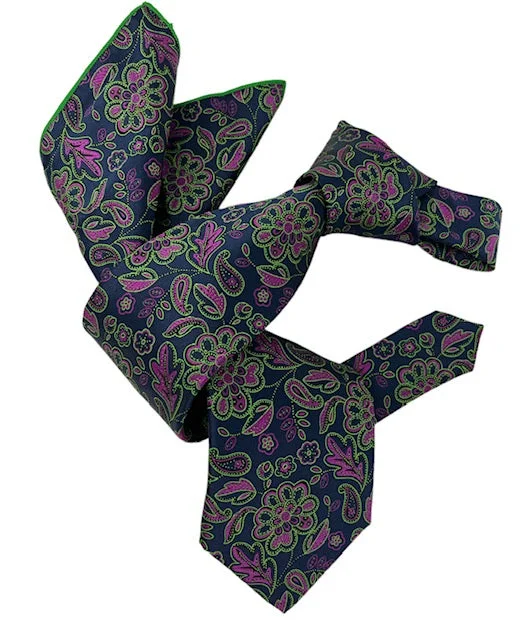 stylish wedding necktie ideas for men-DMITRY 7-Fold Men's Navy Patterned Italian Silk Tie & Pocket Square Set