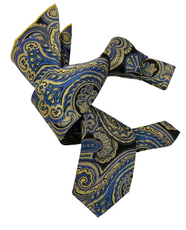 modern wedding silk necktie ideas-DMITRY 7-Fold Men's Yellow Patterned Italian Silk Tie & Pocket Square Set