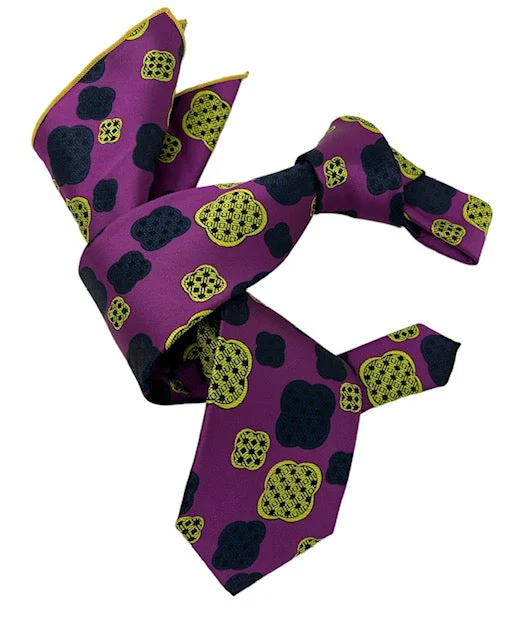 fashionable silk necktie ideas for men-DMITRY 7-Fold Men's Magenta Patterned Italian Silk Tie & Pocket Square Set