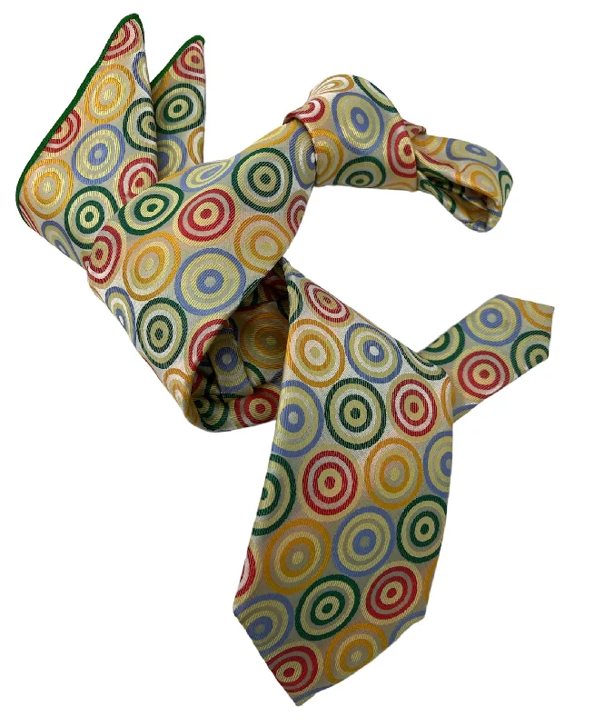 affordable silk necktie combinations for men-DMITRY 7-Fold Men's Yellow Patterned Italian Silk Tie & Pocket Square Set