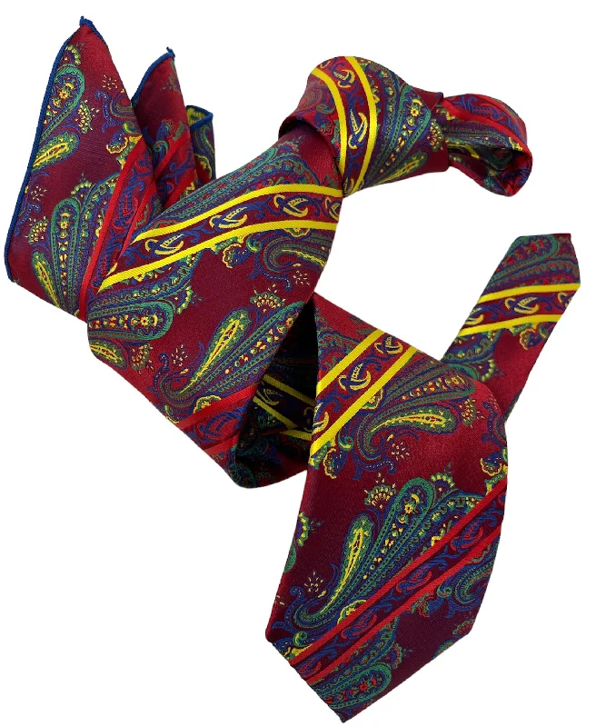 high-end wedding silk necktie designs-DMITRY 7-Fold Men's Red Patterned Italian Silk Tie & Pocket Square Set